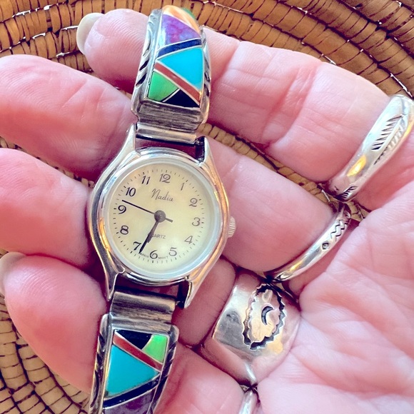 Multicolored Signed Turquoise Inlay Stone Watch Cuff - Picture 3 of 10